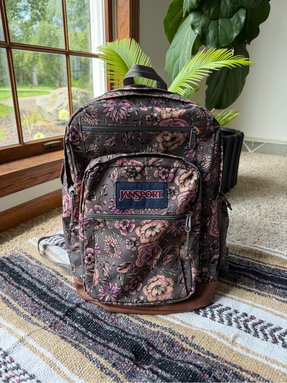 Jansport Brown Backpack with Pink & Purple Floral Print